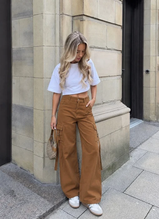 Wide Leg Cargo C/tiras Camel