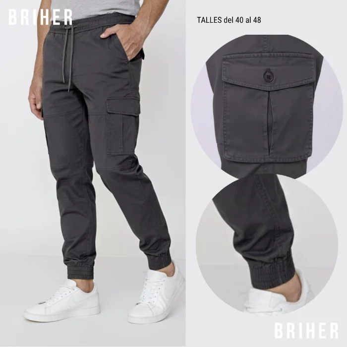 Pantalón Jogguer Cargo Gris Gabardina Elastizada