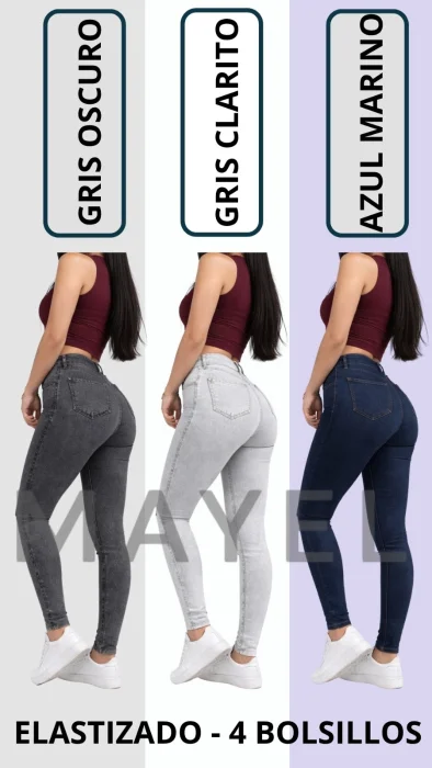 Pantalón Jeans Chupin Gris Clarito, Gris Oscuro, Azul Marino.