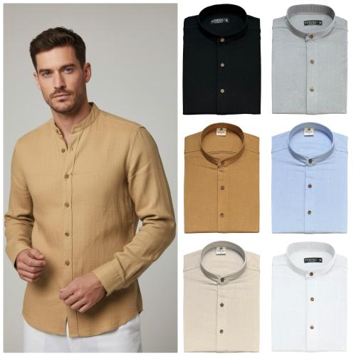 Camisa de Lino Cuello Mao Elastizado