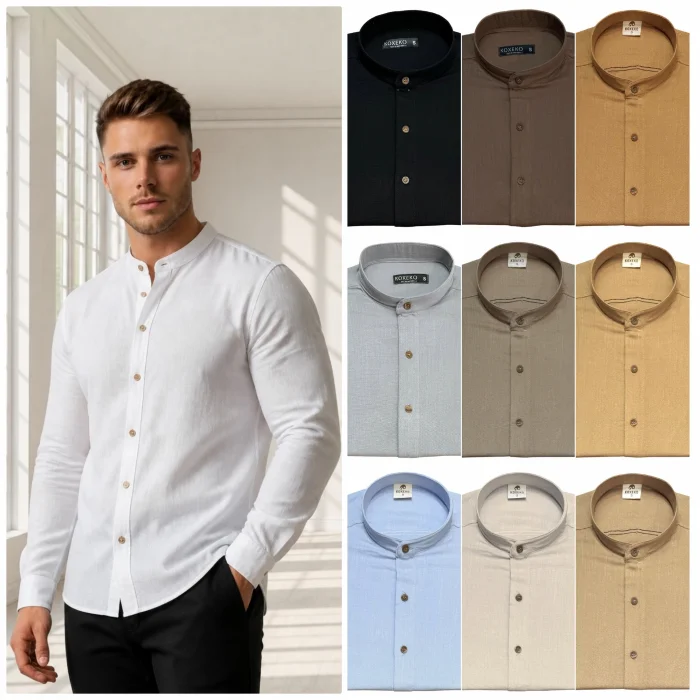 Camisa de Lino Cuello Mao Elastizado
