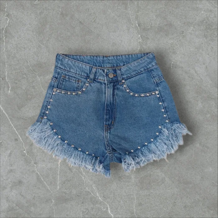 Short con Tachas Tiro Alto Color Azul Denim Rigido Premium