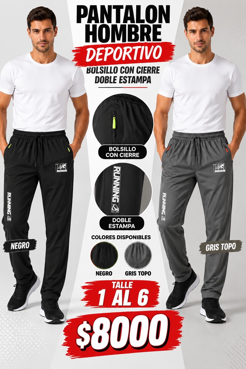 Pantalon Hombre Deportivo, Bolsillo con Cierre - Imagen 2
