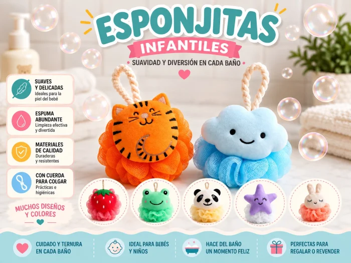 Esponja de Baño Infantil Pompón Surtido de Colores Pack X 6