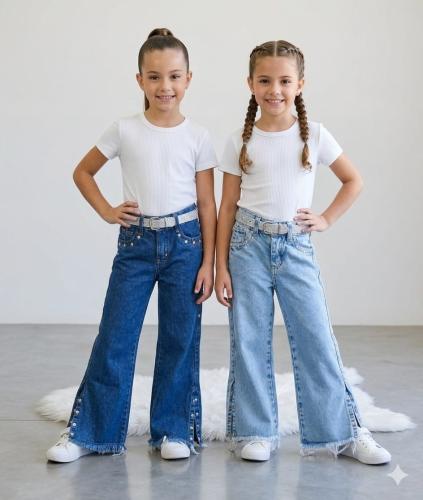 Wide Leg con Tajo y Tachas Azul