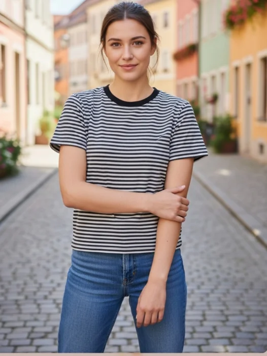 Remera de Jersey Rayado  Básica de Mujer