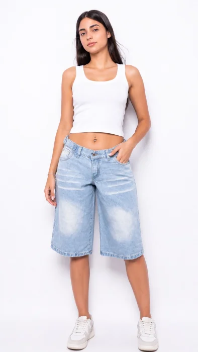 Bermuda Baggy con Cintura Regulable Celeste Tiro Medio