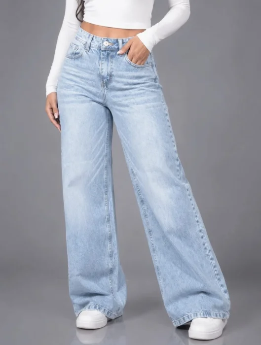 Wide Leg Celeste con Bigotes
