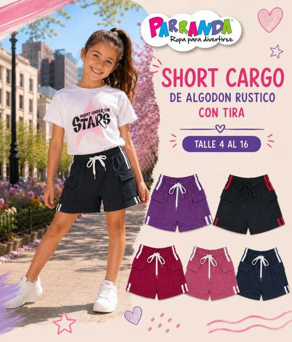 Shorts Cargo Niña de Algodón Rústico Tira