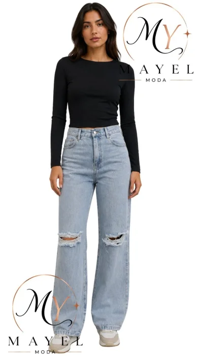 Wide Leg Celeste con Rotura.