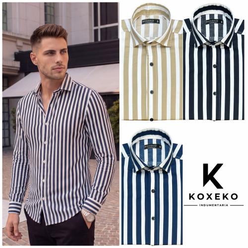 Camisa a Raya Elastizado Slim Fit Manga Larga