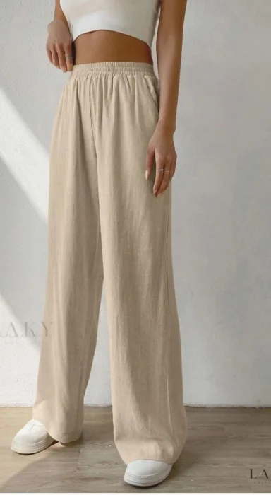 Pantalones de Lino Liso con Spandex y Bolsillo