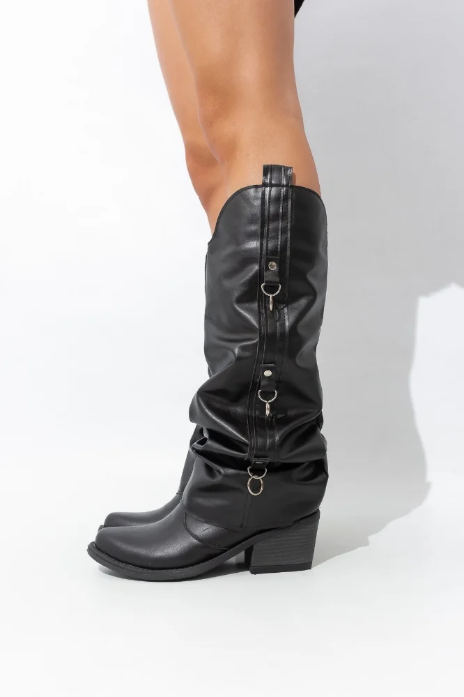 Bota Arrugada Caña Alta Pu Negro Tracy - Imagen 2