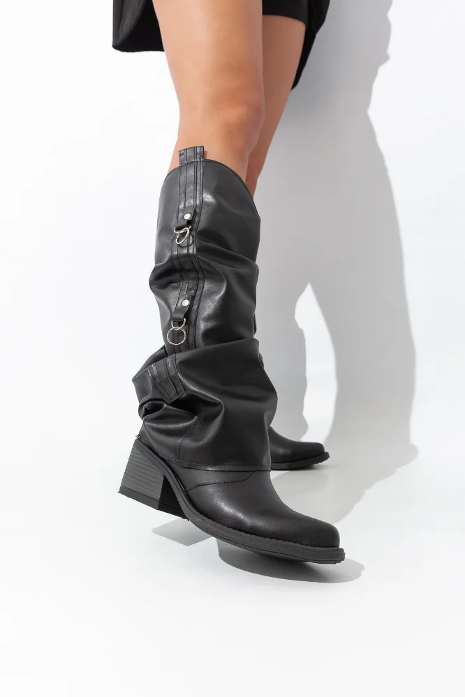 Bota Arrugada Caña Alta Pu Negro Tracy - Imagen 3