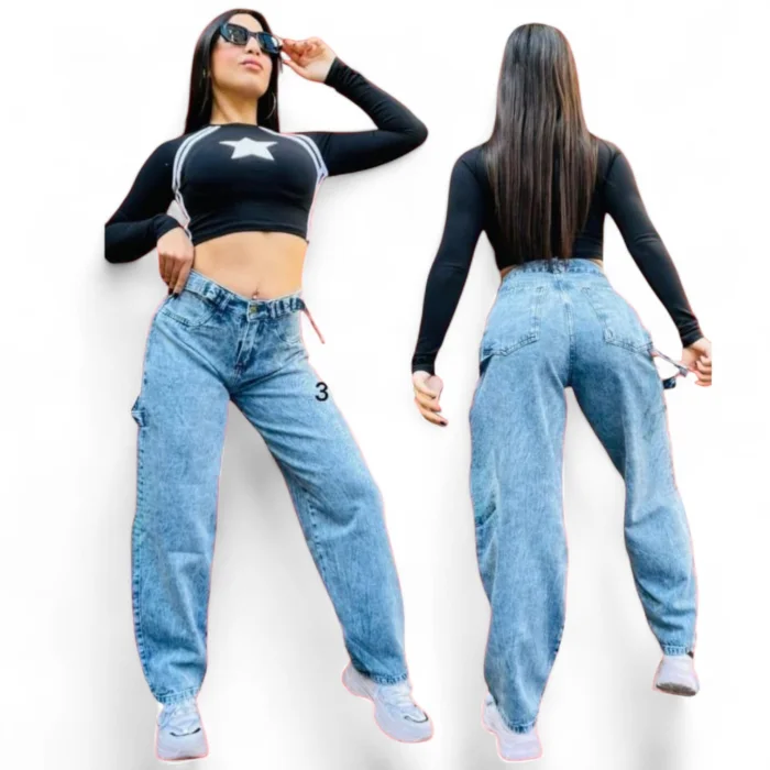 Pantalon Baggy con Ajustador Color Celeste Nevado