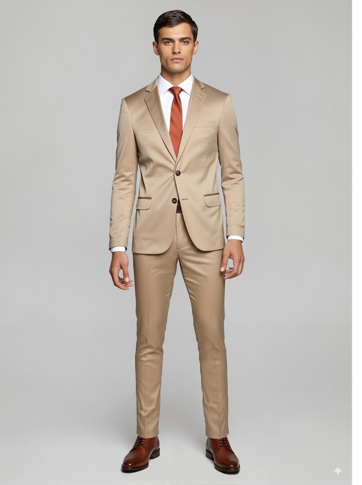 Traje de Hombre 2 Piezas Coton Saten Beige - Imagen 4