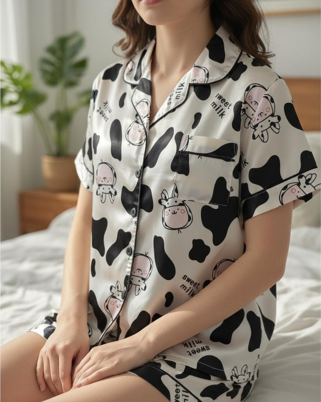 Pijama Negro de Dama Saten Importado Camiseta Short Corto Suave Noche Descanso Mujer - Imagen 7