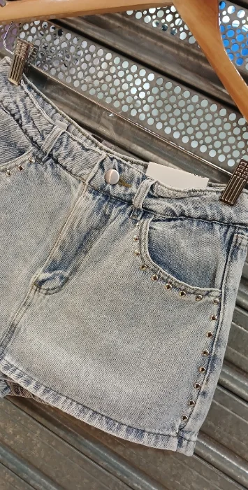 Skort Pollera Color Celeste con Tachas Tiro Alto Denim Rigido Premium