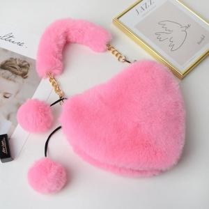 Cartera de Peluche Niñas Nenas Importada Forma de Corazón Rosa Cadena Dorada Pompones