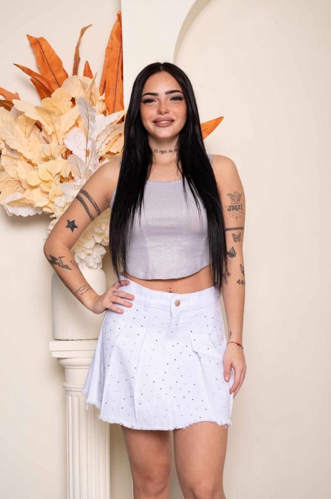 Pollera Tablas Blanca con Stras - Imagen 3