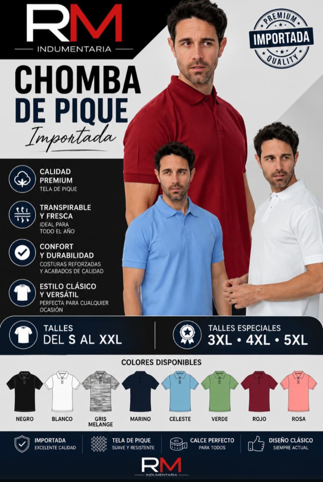 Chombas Piqué Importadas Talles Especiales - Imagen 2