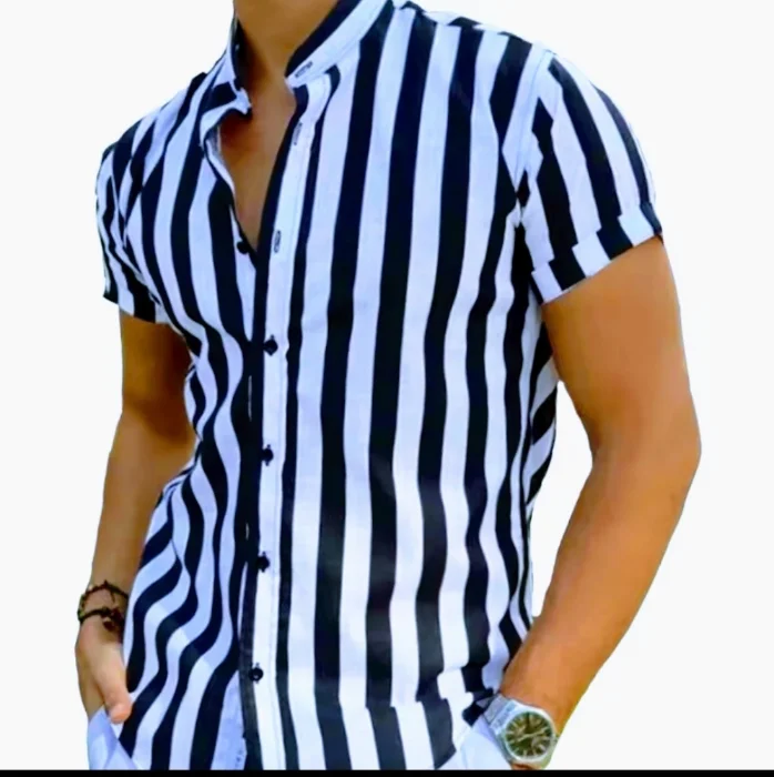 Camisas de Lino Rayado Cuello Mao