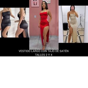 Vestido Largo con Tajo de Satén Talles 2 y 4