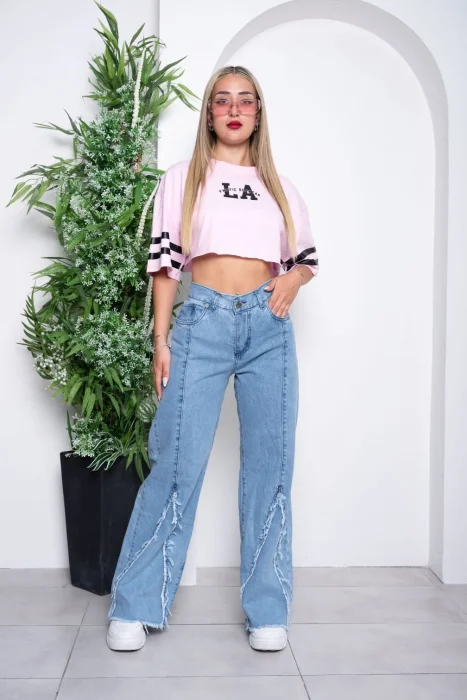 Pantalon Jean Rigido Celeste con Flecos