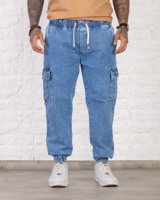 Jogger de Jeans Cargo Azul con Cintura Adaptable