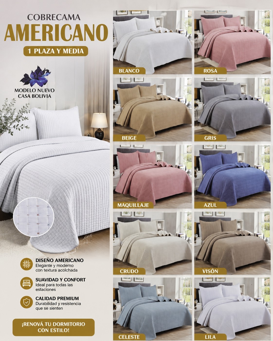 Cubrecama Twin 1 Plaza y Media Casa Bolivia - Imagen 3