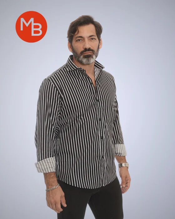 Camisa Elastizada Entallada Raya Fina Hombre