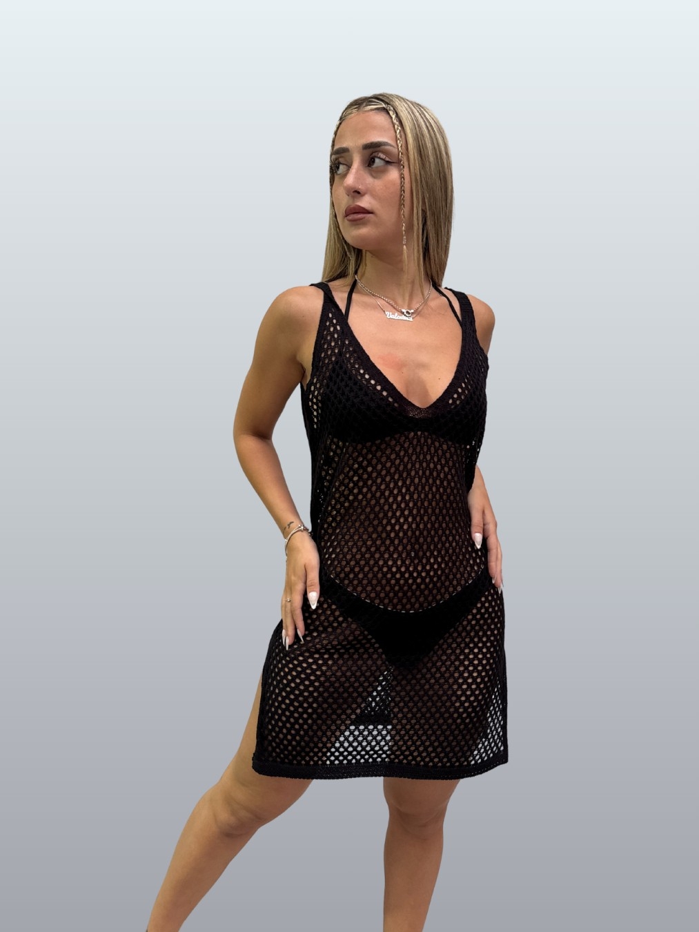 Vestido Calado Playero Tejido Hilo Cubre Bikini Color Beige Negro Blanco Natural - Imagen 3