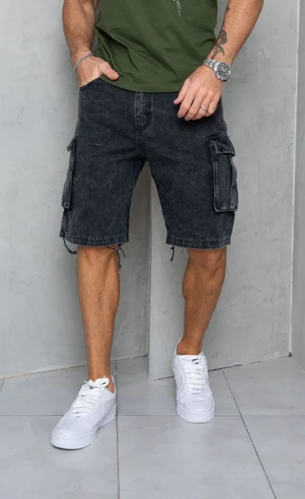 Bermudas Jeans Cargo con Fuelles Gris