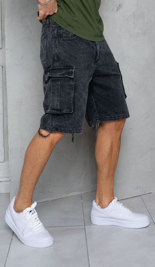 Bermudas Jeans Cargo con Fuelles Gris - Imagen 3