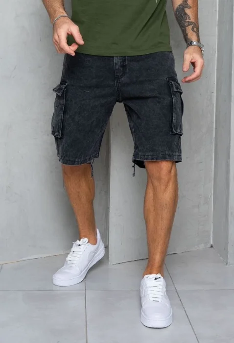 Bermudas Jeans Mom Cargo con Fuelles Gris