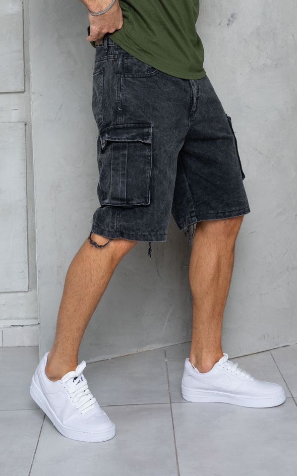 Bermudas Jeans Mom Cargo con Fuelles Gris - Imagen 2