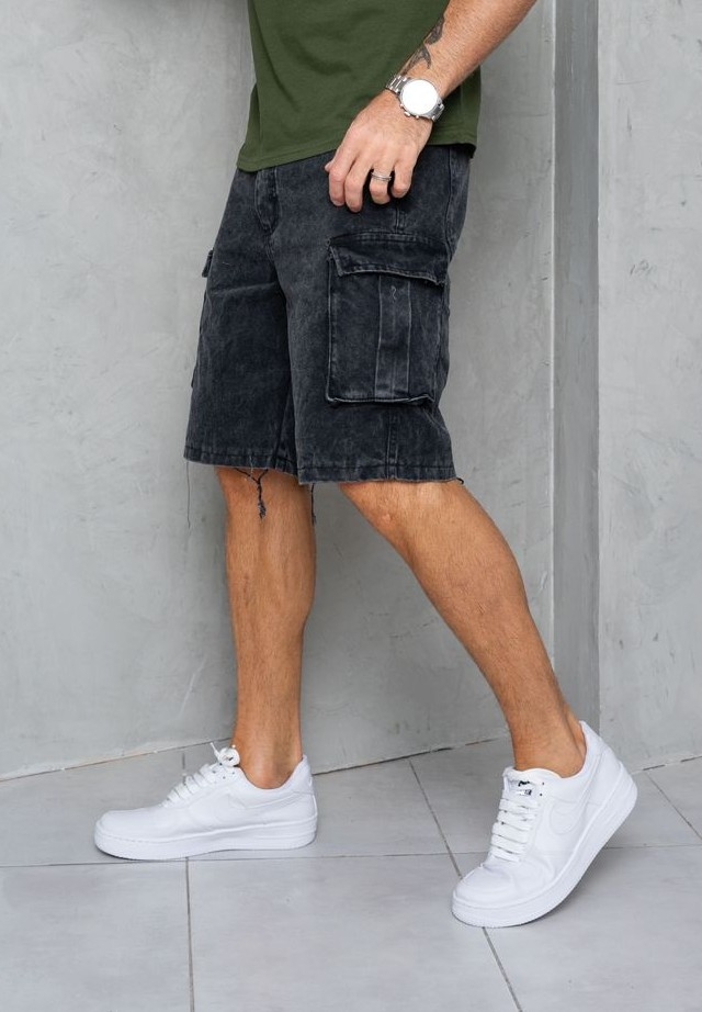 Bermudas Jeans Mom Cargo con Fuelles Gris - Imagen 3