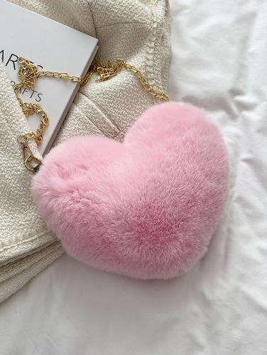 Cartera Corazón Felpa Infantil Niñas Moderna Suave Cadena Dorada Liviana - Miniatura 4