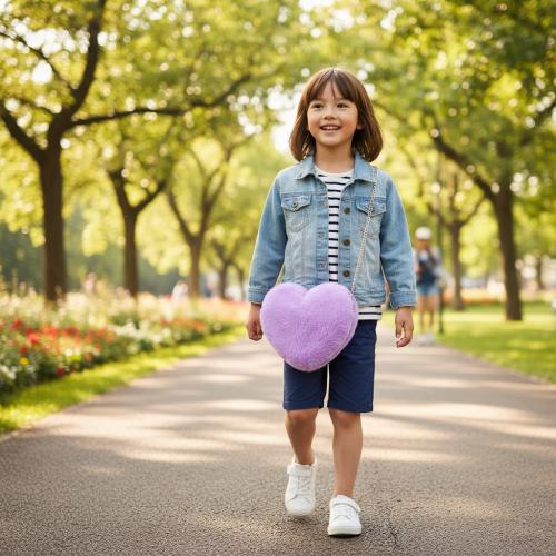 Cartera Corazón Felpa Infantil Niñas Moderna Suave Cadena Dorada Liviana - Miniatura 8