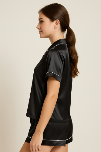 Pijama Mujer Satén Verano Short Camisa Mangas Cortas Suave Descanso Elegante - Miniatura 4