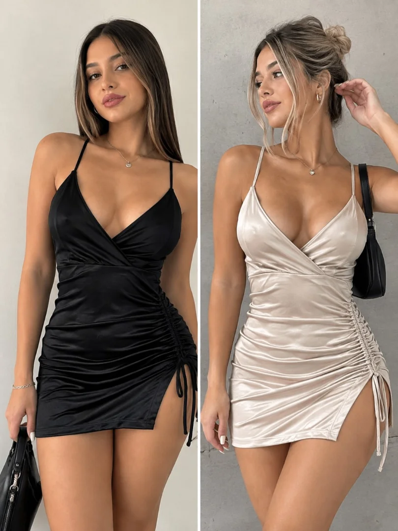 Vestido C Tajo Corto Saten - Imagen 1