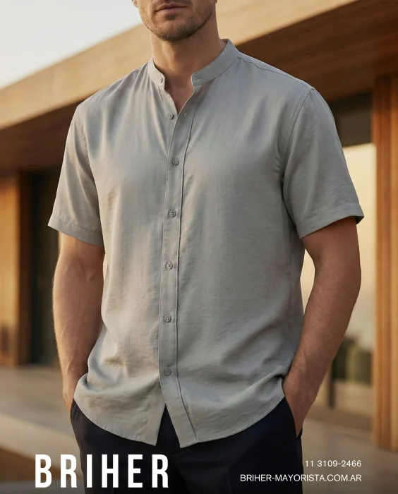 Camisa Lino Cuello Mao de Hombre Rígido