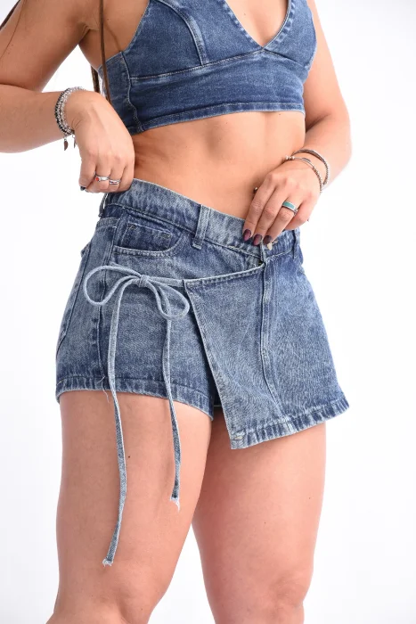 Shorts Pollera con Lazo Tiro Medio Nevado Azul