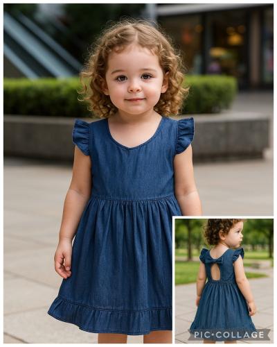Vestido de Jeans Rígido con Volados y Moño de Nena