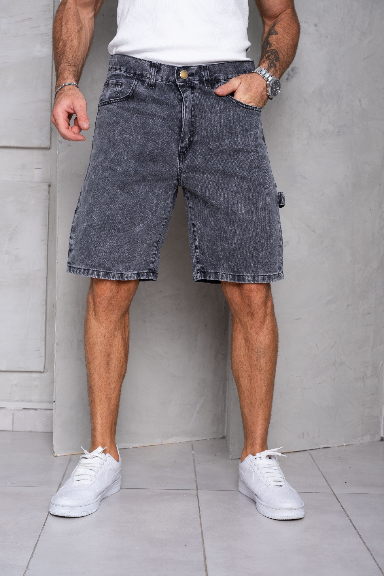 Bermudas Jeans Mom Carpintero Gris - Imagen 1