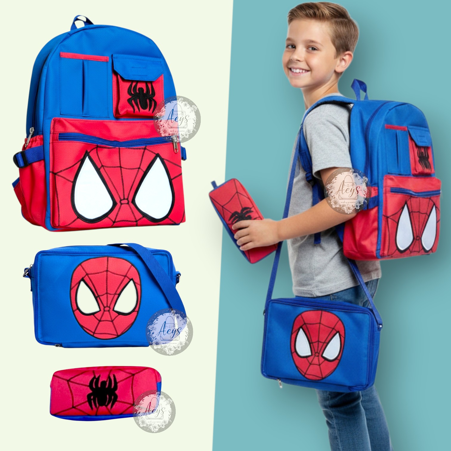Mochila Nacional de Cordura Bordado del Hombre Araña con Lonchera y Cartuchera, - Imagen 1