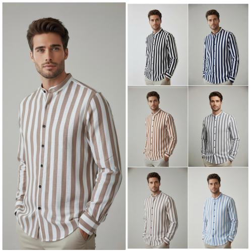 Camisa de Lino Rayado Cuello Mao M/larga