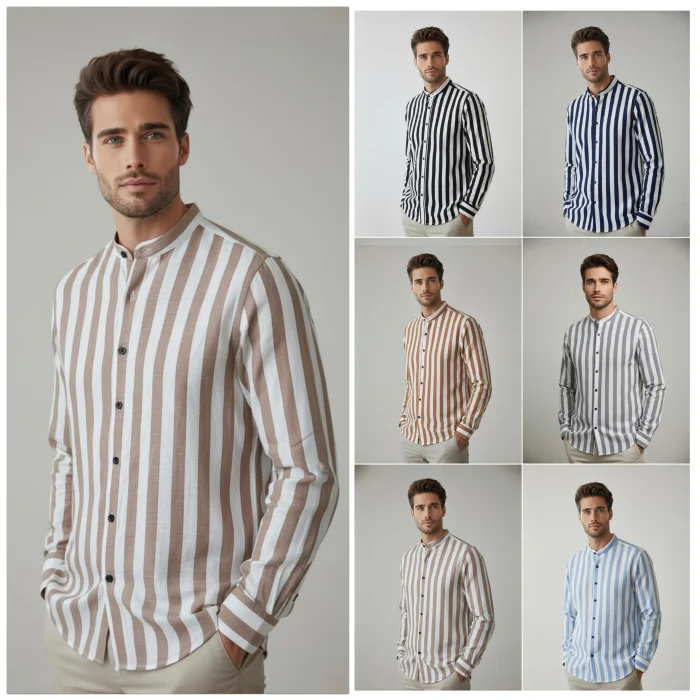 Camisa de Lino Rayado Cuello Mao M/larga