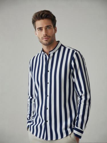 Camisa de Lino Rayado Cuello Mao M/larga - Miniatura 4