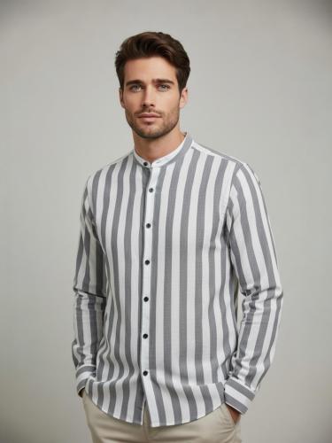 Camisa de Lino Rayado Cuello Mao M/larga - Miniatura 5